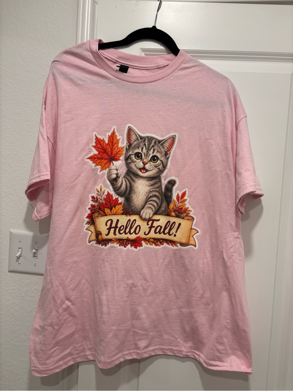 Gildan Pink "Hello Fall!" Cat Graphic Tee